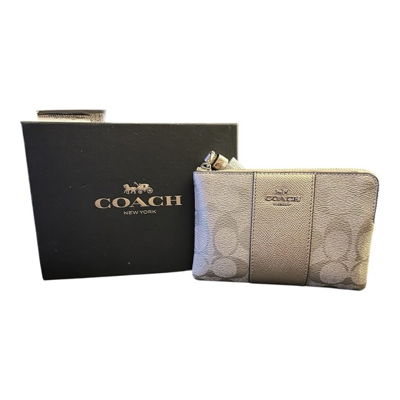 Coach Handbags - Coach F38655 Gold Metallic Signature Corner Zip With Stripe Wristlet Purse